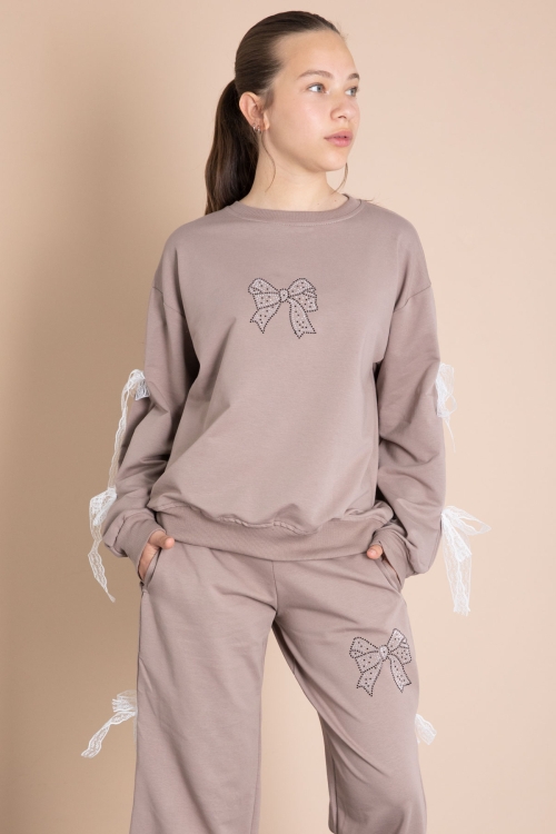 Kahverengi Yanları Fiyonk Detaylı Geniş Paça Kız Çocuk Eşofman Takımı 21198