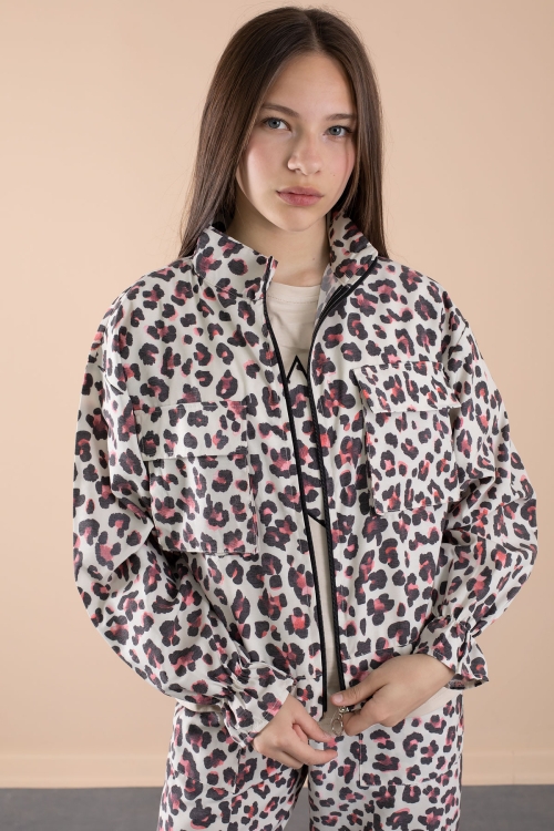 Kırmızı Leopar Desenli Paraşüt Ceketli Bisiklet Yaka Tişörtlü Kız Çocuk 3lü Takım 20639