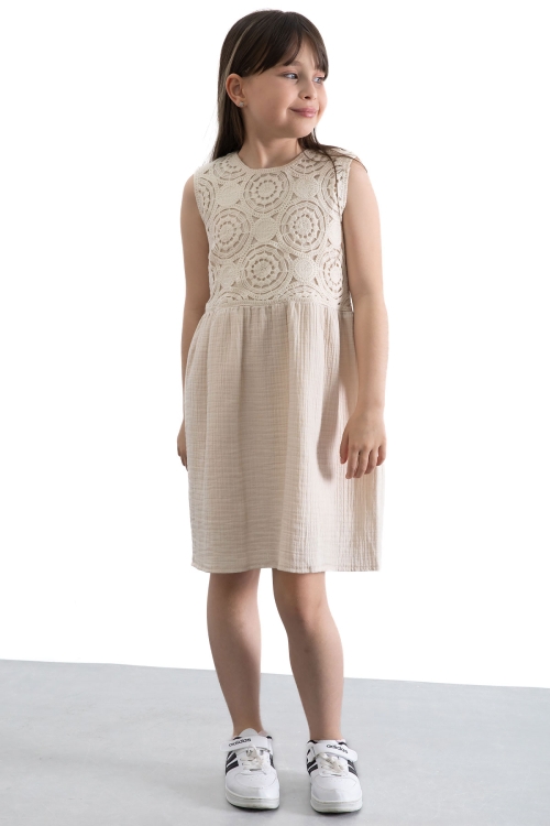 Krem Dantel İşlemeli Müslin Kız Çocuk Elbise 20779