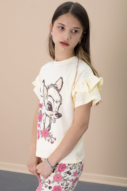 Krem Fırfır Detaylı Tişörtlü Çiçek Baskılı Şortlu Kız Çocuk Takım 21100
