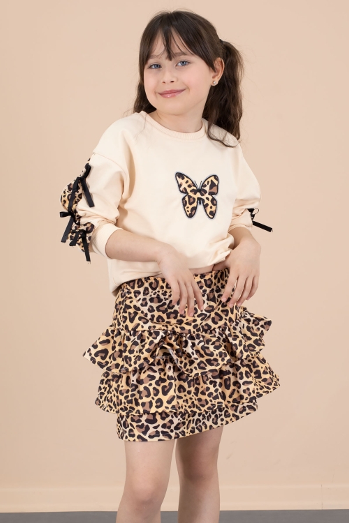 Krem Kelebek Desenli Badili Leopar Etekli Kız Çocuk Alt Üst Takım 20663