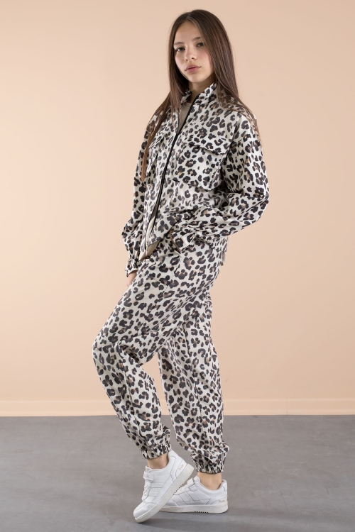 Krem Leopar Desenli Paraşüt Ceketli Bisiklet Yaka Tişörtlü Kız Çocuk 3lü Takım 20637