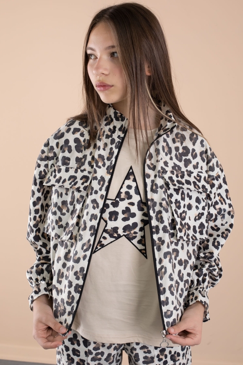 Krem Leopar Desenli Paraşüt Ceketli Bisiklet Yaka Tişörtlü Kız Çocuk 3lü Takım 20637