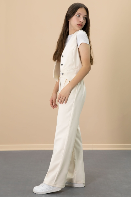 Krem V Yaka Düğmeli Yelekli Geniş Paça Pantolonlu Kız Çocuk 2li Takım 20722