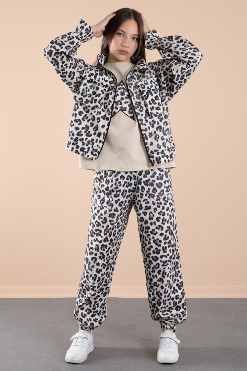 Lacivert Leopar Desenli Paraşüt Ceketli Bisiklet Yaka Tişörtlü Kız Çocuk 3lü Takım 20638