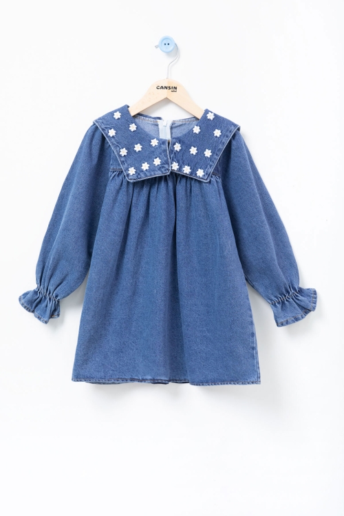 Lacivert Yaka Papatya Nakışlı Uzun Kol Kız Çocuk Jean Elbise 20689