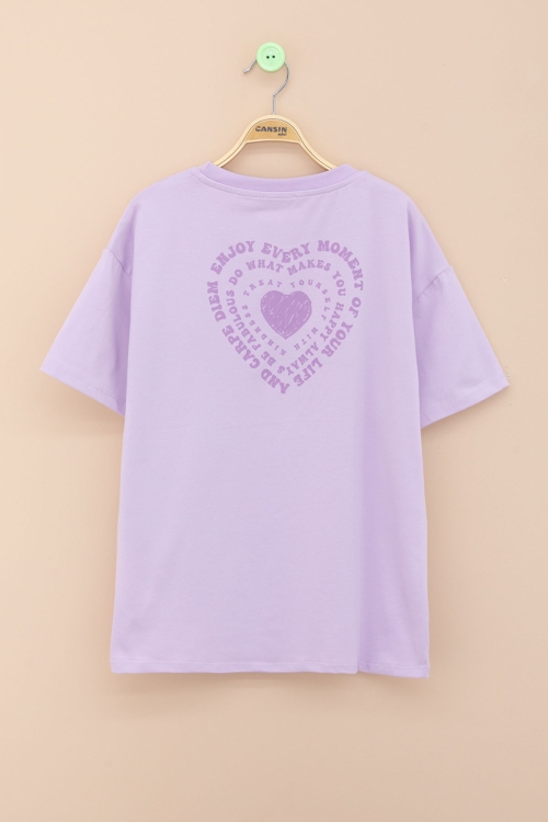 Lila Sırtı Kalp Baskılı Yazılı Kız Çocuk Bisiklet Yaka Tişört 20971