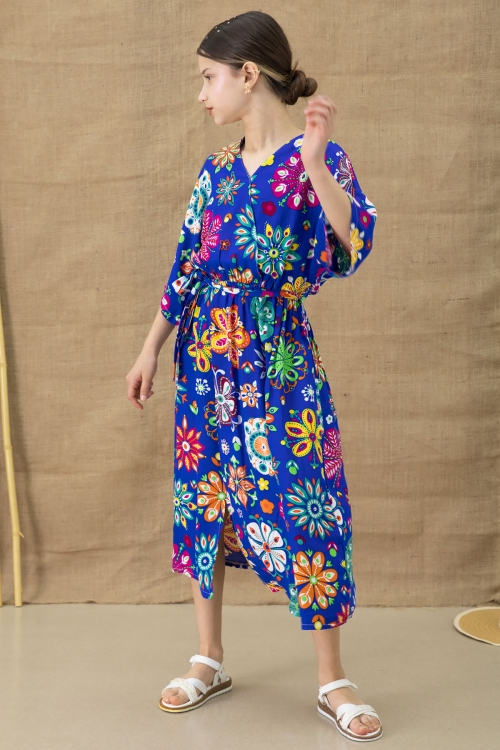 Mavi Çiçek Desenli Kısa Kol Kız Çocuk Kuşaklı Elbise 20767