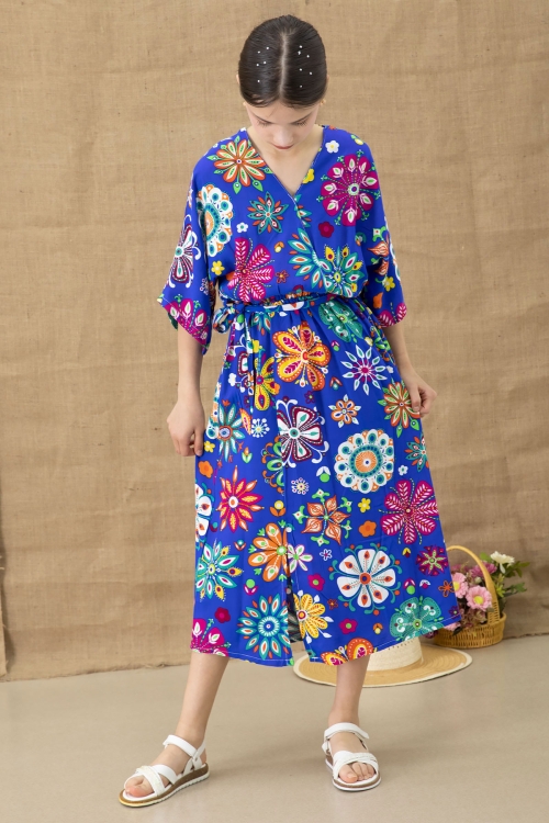 Mavi Çiçek Desenli Kısa Kol Kız Çocuk Kuşaklı Elbise 20767