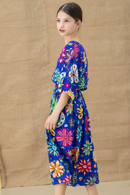 Mavi Çiçek Desenli Kısa Kol Kız Çocuk Kuşaklı Elbise 20767