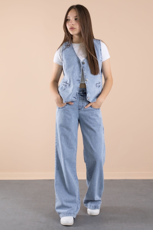 Mavi Düğmeli Jean Yelekli ve Geniş Paça Pantolonlu Kız Çocuk 2li Takım 20636