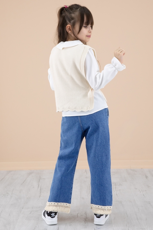 Mavi Jean Pantolonlu  Dantelli Süveterli  Kız Çocuk 3lü Takım 20691