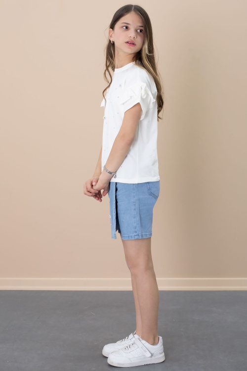 Mavi Jean Şortlu Payetli Kısa Kol Tişörtlü Kız Çocuk 2li Takım 21101