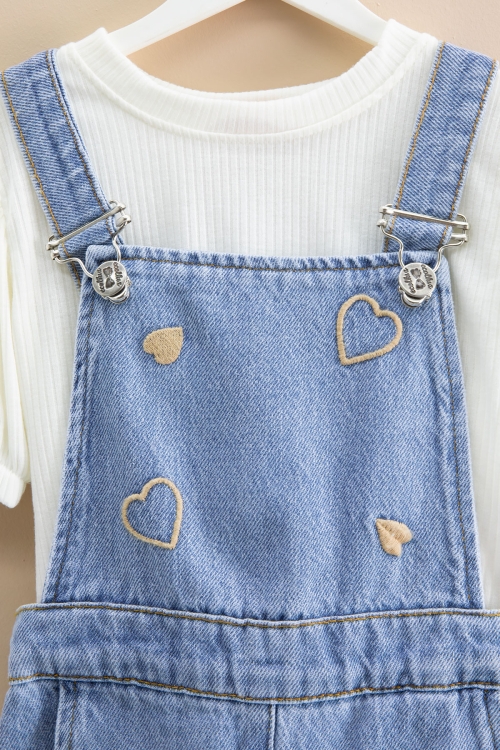 Mavi Kalp Nakışlı Şortlu Salopetli Kız Çocuk Badili 2li Takım 21018