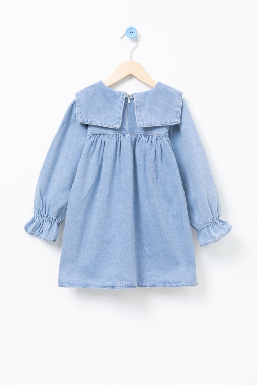 Mavi Yaka Papatya Nakışlı Uzun Kol Kız Çocuk Jean Elbise 20688