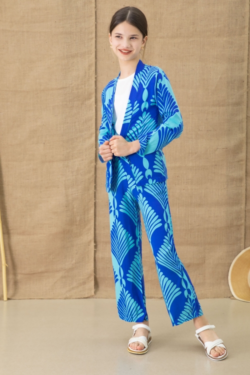 Mavi Yaprak Desenli Kimonolu Geniş Paça Panotolonlu Kız Çocuk 3lü Takım 20763