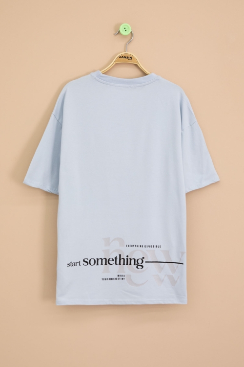 Mavi Yazı Nakışlı Sırtı Baskılı Erkek Çocuk Bisiklet Yaka Tişört 20894