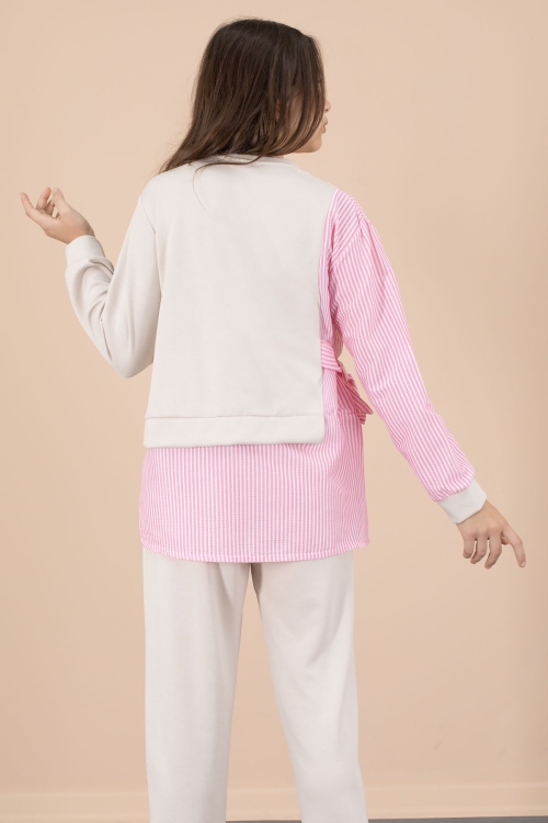 Pembe Çizgi Desenli Taş Detaylı Bluzlu Kız Çocuk Kuşaklı Pantolonlu 2li Takım 20659