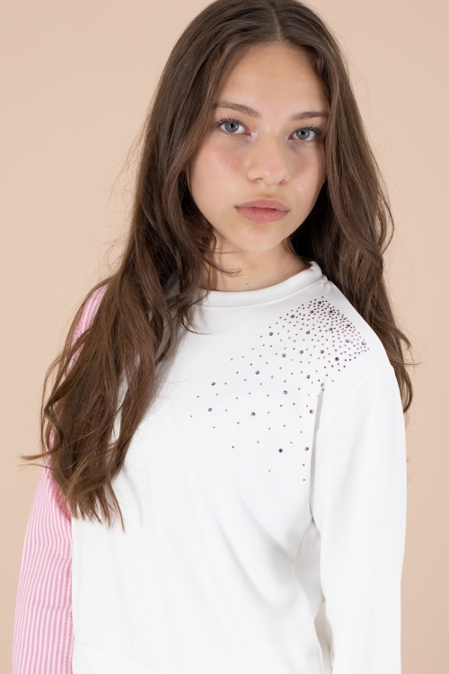 Pembe Çizgi Desenli Taş Detaylı Bluzlu Kız Çocuk Kuşaklı Pantolonlu 2li Takım 20656