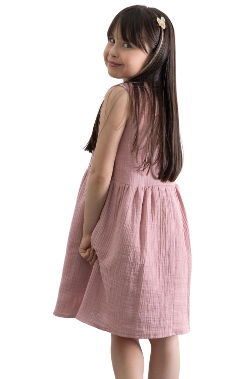 Pembe Dantel İşlemeli Müslin Kız Çocuk Elbise 20778