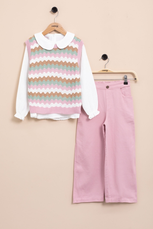 Pembe Örgü Süveterli Müslin Gömlekli Kız Çocuk Pantolonlu 3lü Takım 20669
