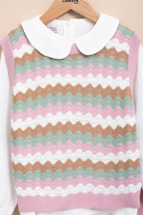 Pembe Örgü Süveterli Müslin Gömlekli Kız Çocuk Pantolonlu 3lü Takım 20669