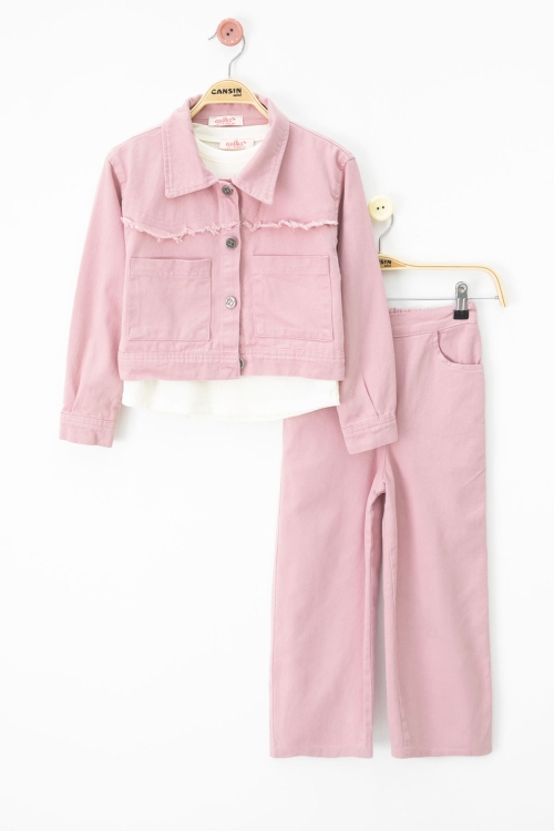Pembe Püsküllü Jean Ceketli ve Pantolonlu Kız Çocuk Badili 3lü Takım 20695