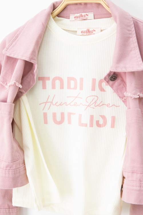 Pembe Püsküllü Jean Ceketli ve Pantolonlu Kız Çocuk Badili 3lü Takım 20695