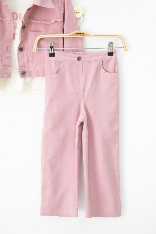 Pembe Püsküllü Jean Ceketli ve Pantolonlu Kız Çocuk Badili 3lü Takım 20695
