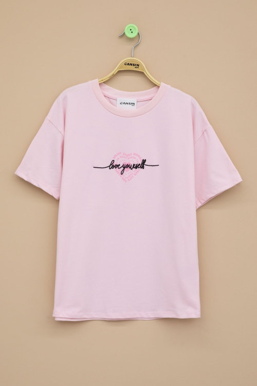 Pembe Sırtı Kalp Baskılı Yazılı Kız Çocuk Bisiklet Yaka Tişört 20972