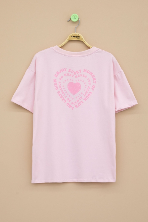 Pembe Sırtı Kalp Baskılı Yazılı Kız Çocuk Bisiklet Yaka Tişört 20972