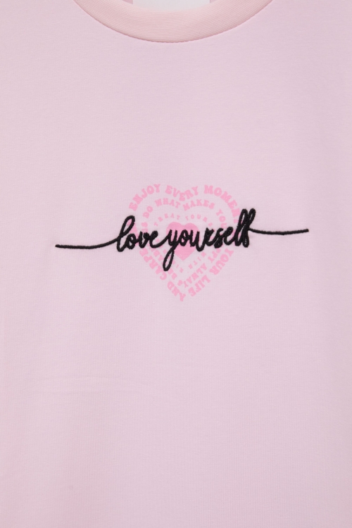 Pembe Sırtı Kalp Baskılı Yazılı Kız Çocuk Bisiklet Yaka Tişört 20972