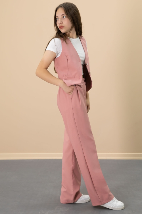 Pembe V Yaka Düğmeli Yelekli Geniş Paça Pantolonlu Kız Çocuk 2li Takım 20724