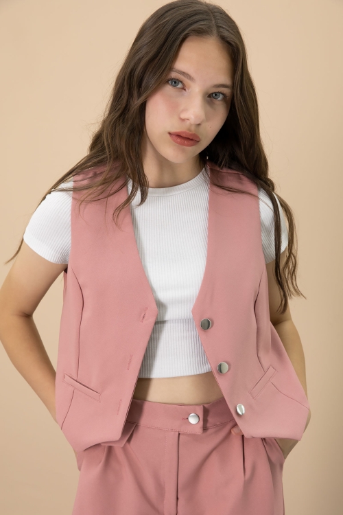 Pembe V Yaka Düğmeli Yelekli Geniş Paça Pantolonlu Kız Çocuk 2li Takım 20724