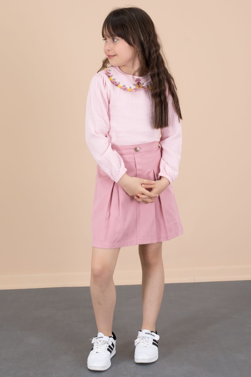 Pembe Yakası Çiçek Nakışlı Müslin Gömlekli Etekli Kız Çocuk 2li Takım 20673