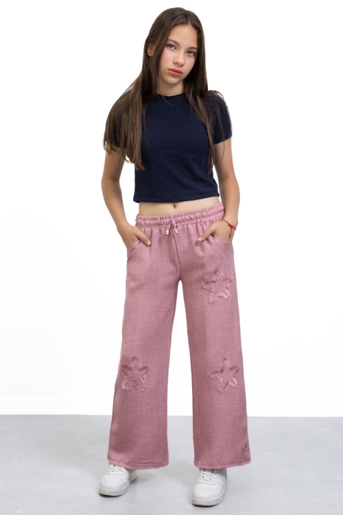 Pembe Yıldız Nakışlı Geniş Paça Rahat Kumaş Kız Çocuk Pantolon 21148