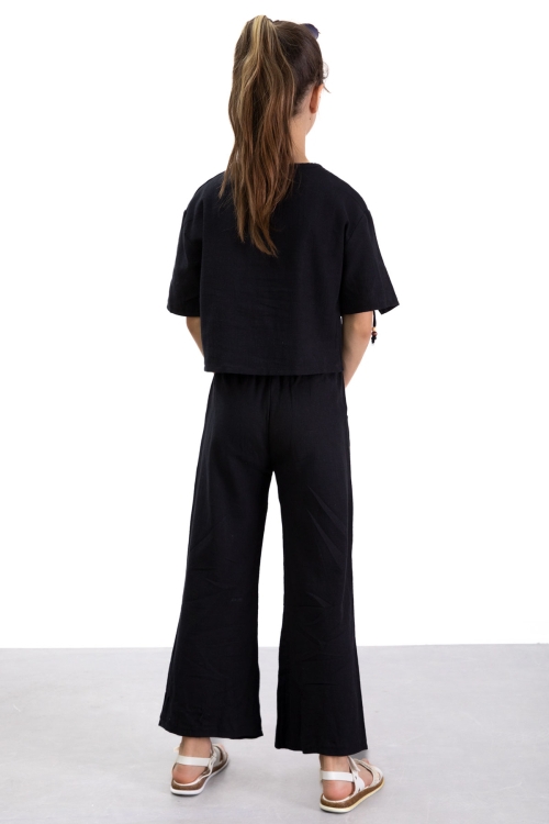 Siyah Boyundan Bağlamalı Tişörtlü Kız Çocuk Pantolonlu 2li Takım 21186