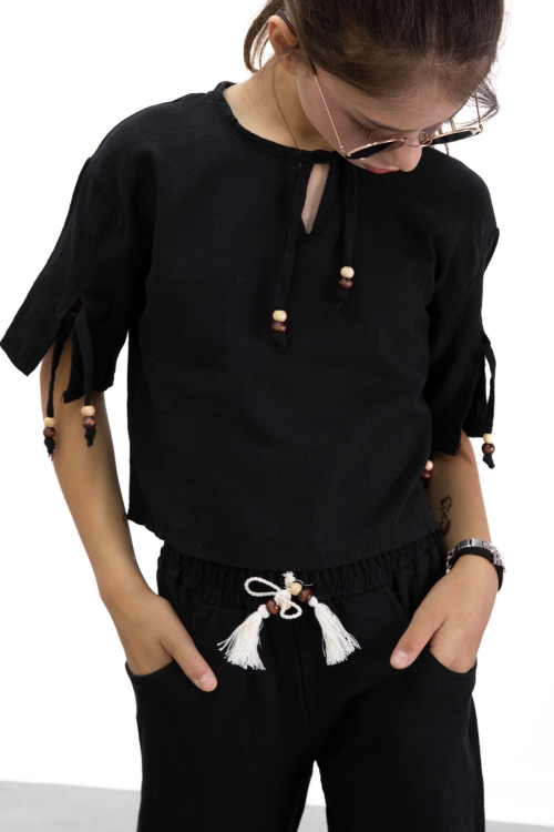 Siyah Boyundan Bağlamalı Tişörtlü Kız Çocuk Pantolonlu 2li Takım 21186