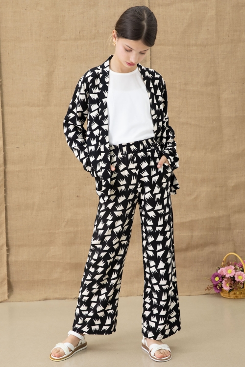 Siyah Desenli Bluzlu Geniş Paça Pantolonlu Kız Çocuk 3lü Takım 20762