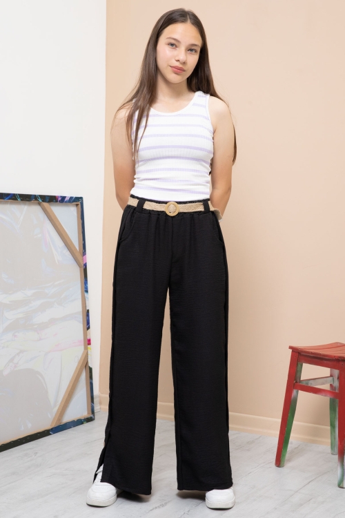 Siyah Düğme Detaylı Geniş Paça Kız Çocuk Kemerli Pantolon 21151