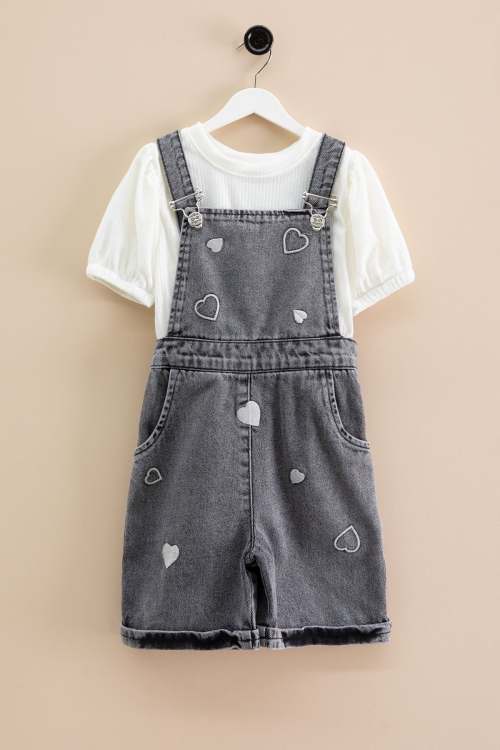 Siyah Kalp Nakışlı Şortlu Salopetli Kız Çocuk Badili 2li Takım 21019