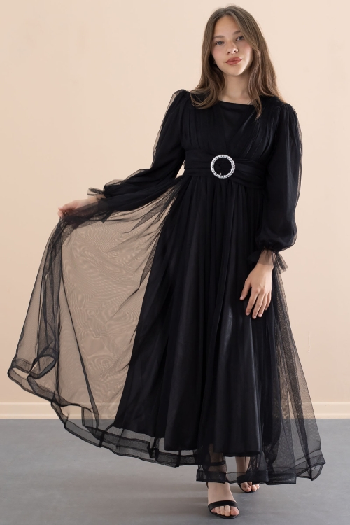 Siyah Toka Detaylı Astarlı Kız Çocuk Uzun Kollu Tüllü Elbise 21095