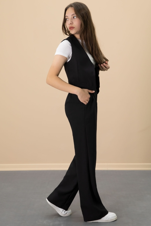 Siyah V Yaka Düğmeli Yelekli Geniş Paça Pantolonlu Kız Çocuk 2li Takım 20723