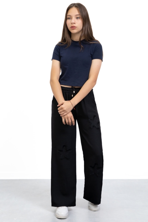 Siyah Yıldız Nakışlı Geniş Paça Rahat Kumaş Kız Çocuk Pantolon 21146