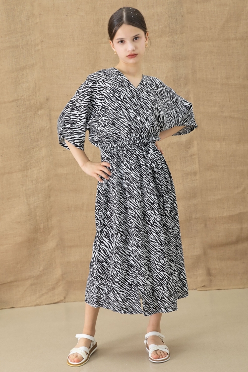 Siyah Zebra Desenli Kuşaklı Kız Çocuk Kısa Kol Elbise 20769