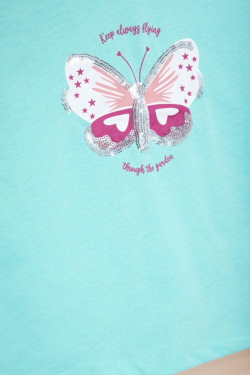 Su Yeşili Kelebek Baskılı Payetli Kız Çocuk Tişört 20996