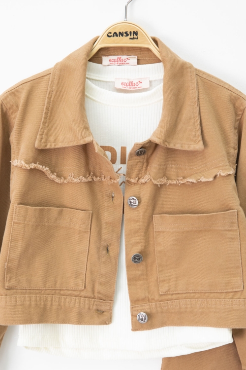 Taba Püsküllü Jean Ceketli ve Pantolonlu Kız Çocuk Badili 3lü Takım 20696