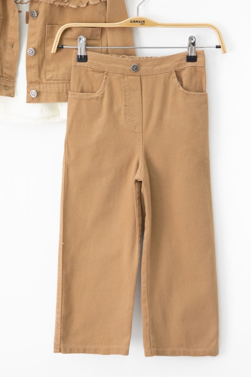 Taba Püsküllü Jean Ceketli ve Pantolonlu Kız Çocuk Badili 3lü Takım 20696