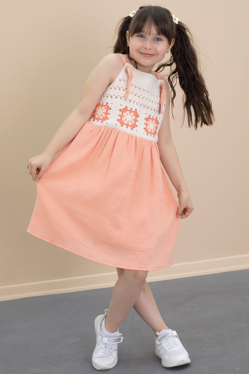 Turuncu Dantel Detaylı Askılı Kız Çocuk Müslin Elbise 21022