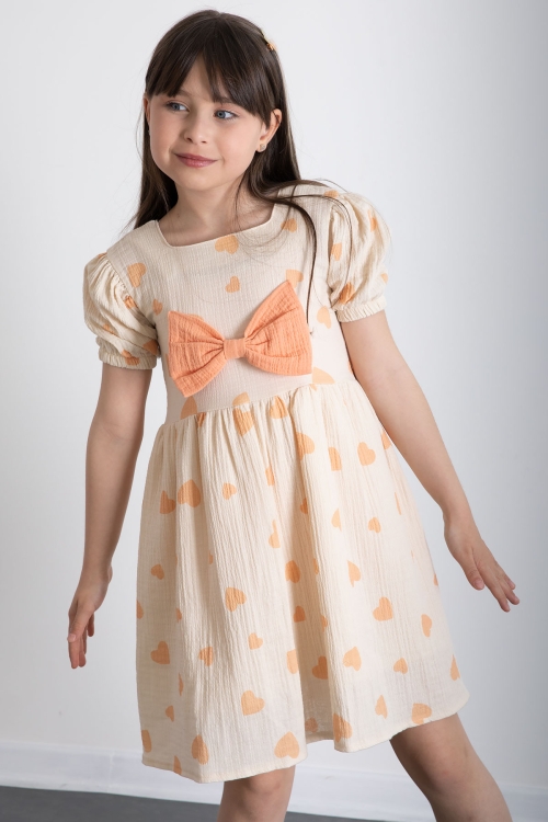 Turuncu Kalp Desenli Fiyonklu Kısa Kol Kız Çocuk Müslin Elbise 20776